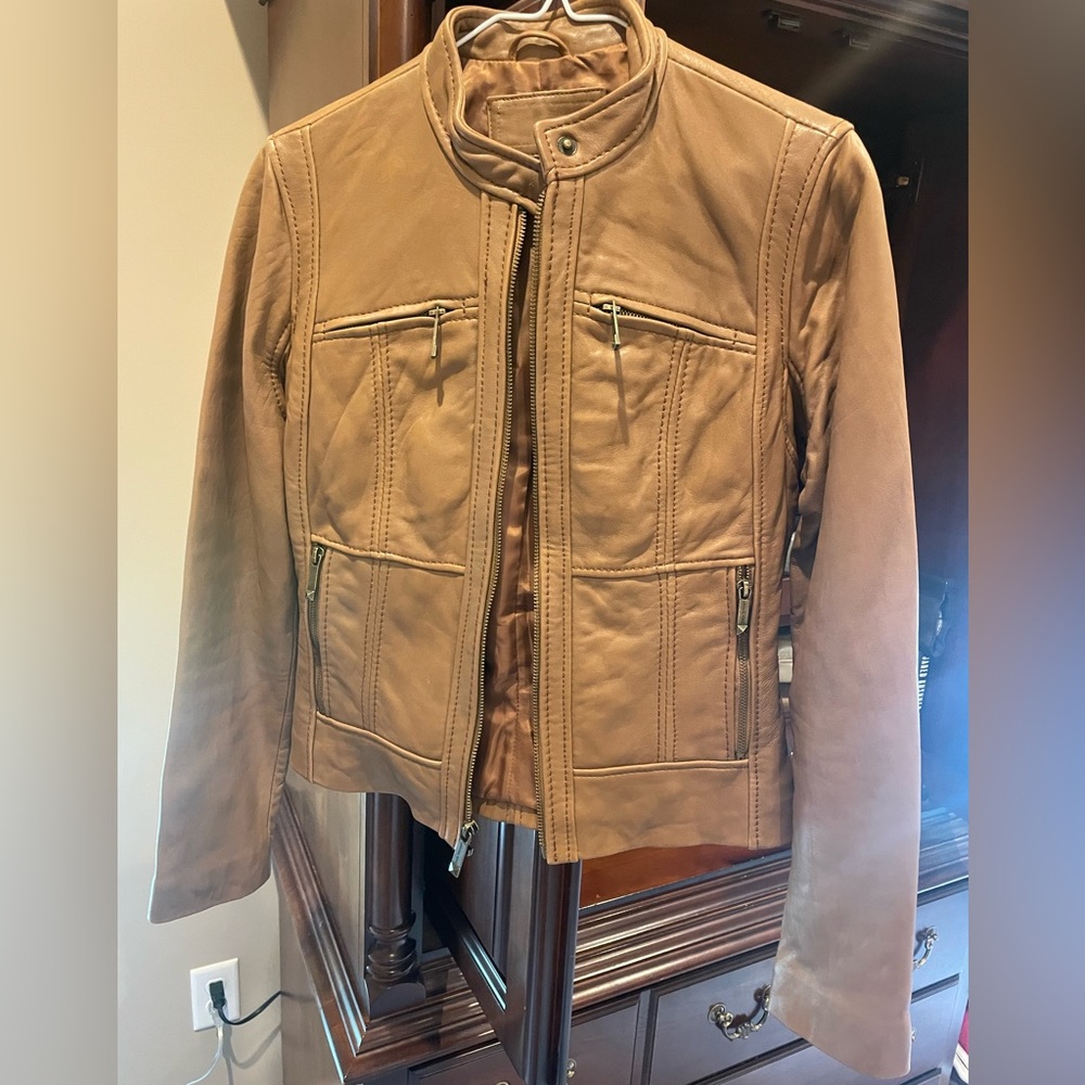 Michael kors camel colored leather jacket